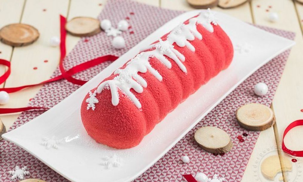 Bûche pomme d’amour : pomme, caramel de beurre salé, spéculoos, vanille